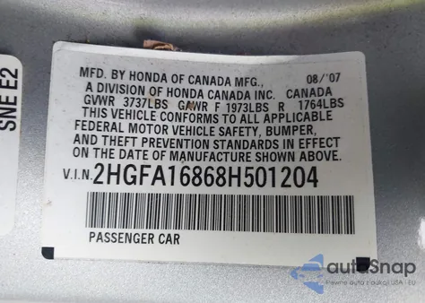 2008 Honda Civic Ex from USA, damaged, VIN 2HGFA16868H501204
